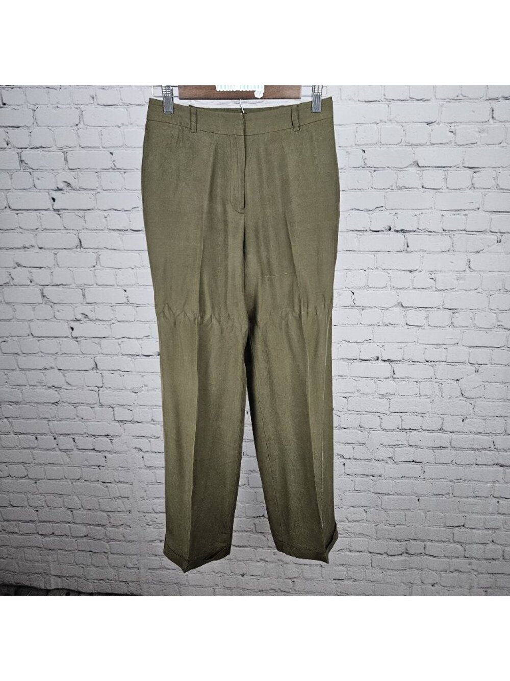 Ann Taylor Green 100% Silk Mid Rise Lined Cuffed Straight Dress Pants 4 (26x30)